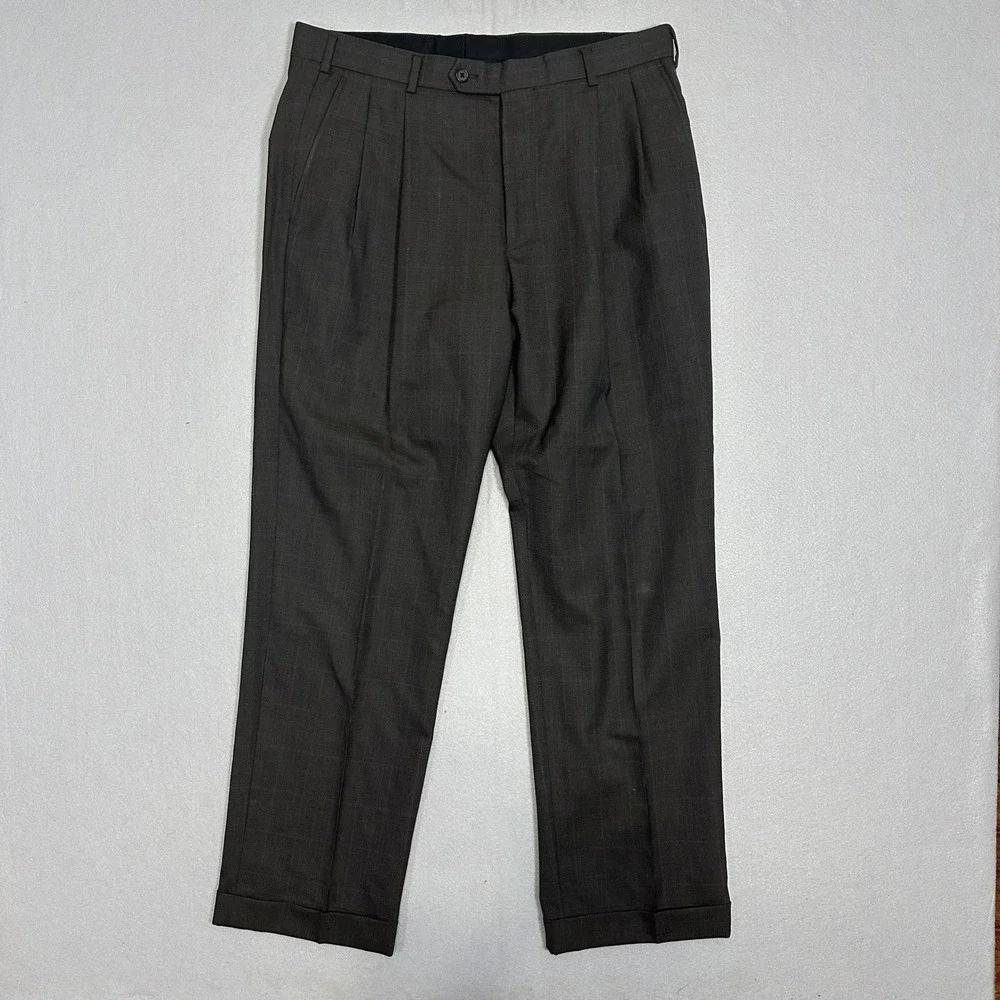 Brooks Brothers 346 Madison Fit Pleated Charcoal Windowpane Dress Pants 35x31